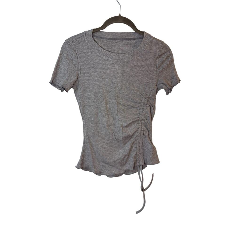 Halara Women XS Gray Ribbed Ruched Side Drawstring Tee Stretch Top NWT
